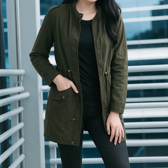 Forever 21 Olive Green Anorak Women’s Jacket | Hooded Utility Coat Size Medium - Picture 1 of 8